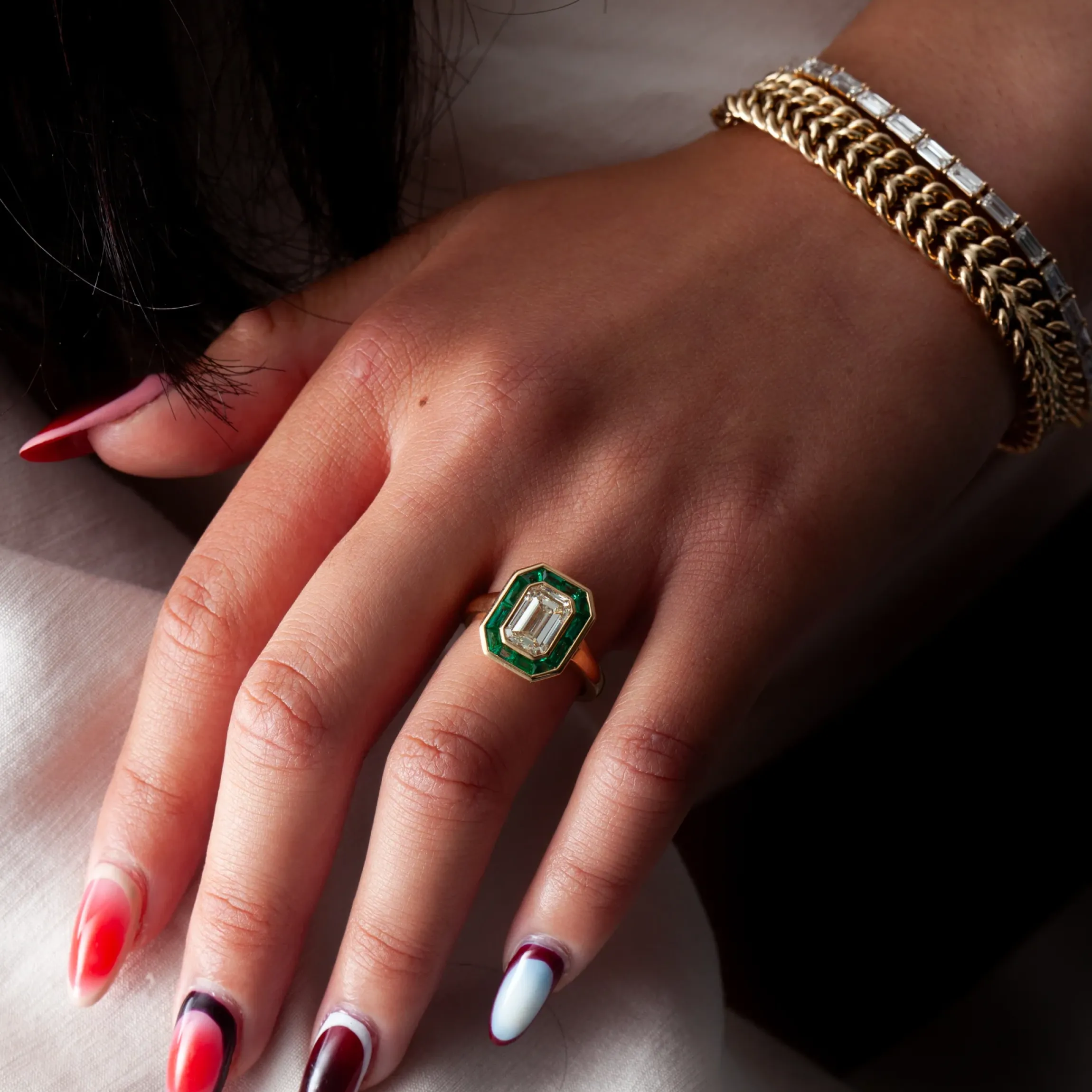 2.11 ct Calibre-cut Emerald Halo Maria Ring