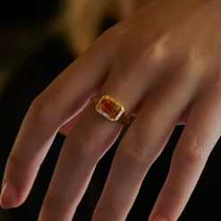 2.26 ct Orange Sapphire & Trapezoid Diamond Engagement Ring