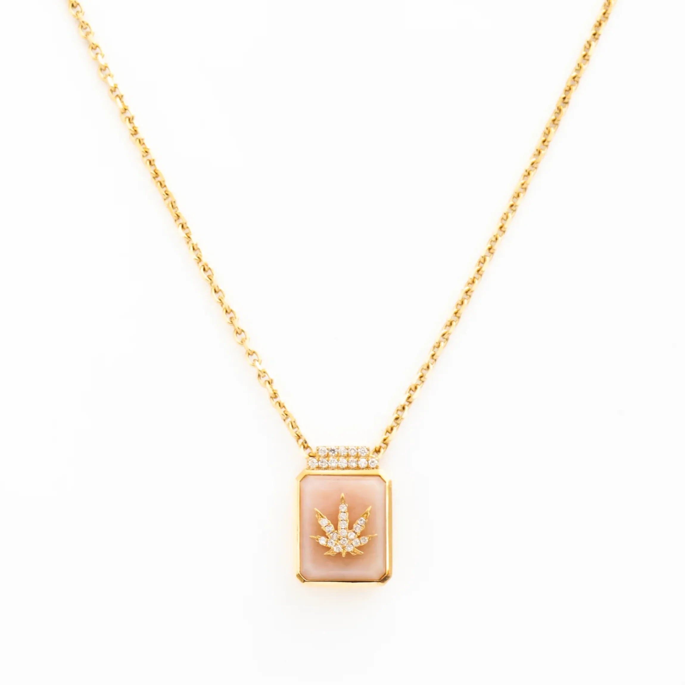 Cannabis Leaf on Pink Opal Signet Necklace