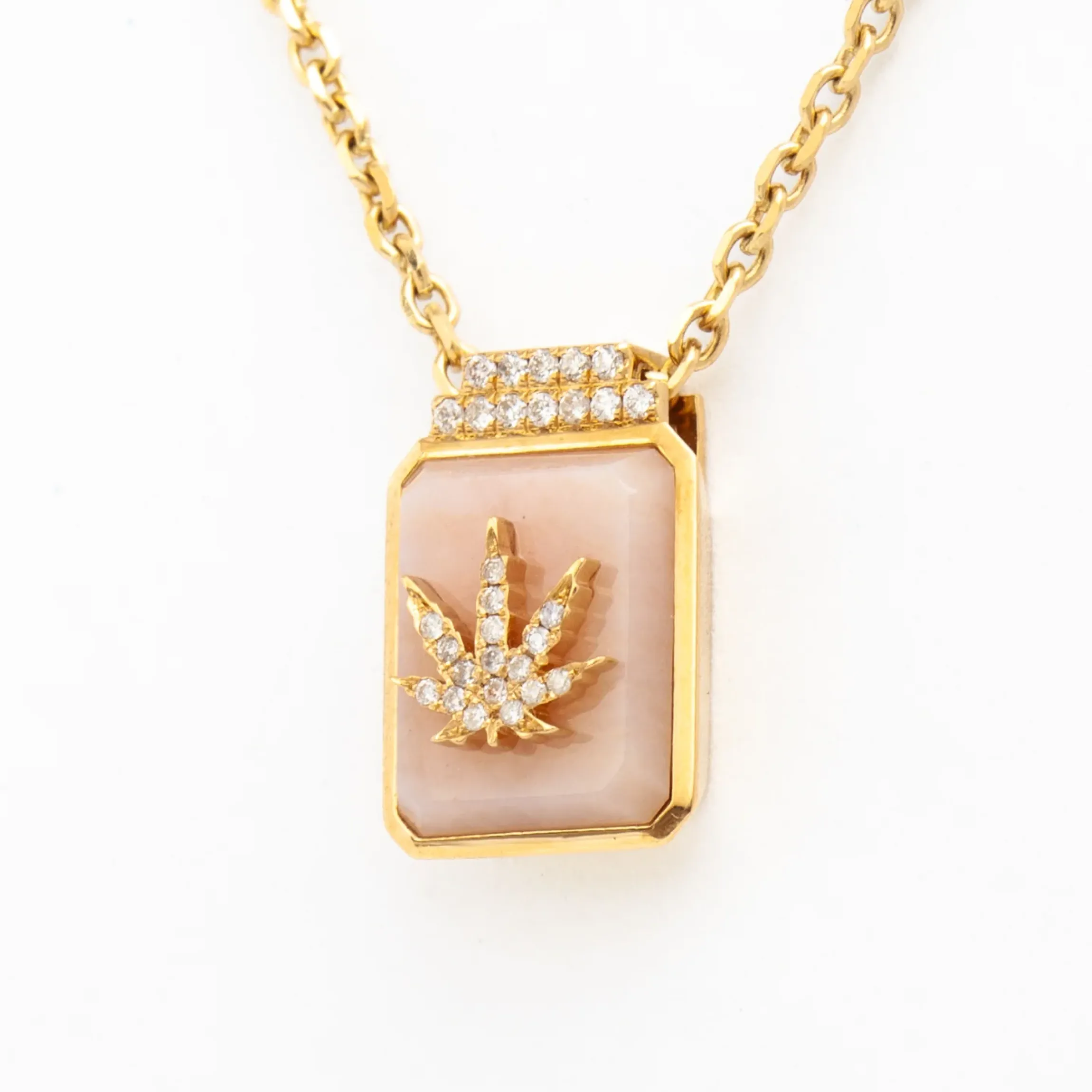 Cannabis Leaf on Pink Opal Signet Necklace