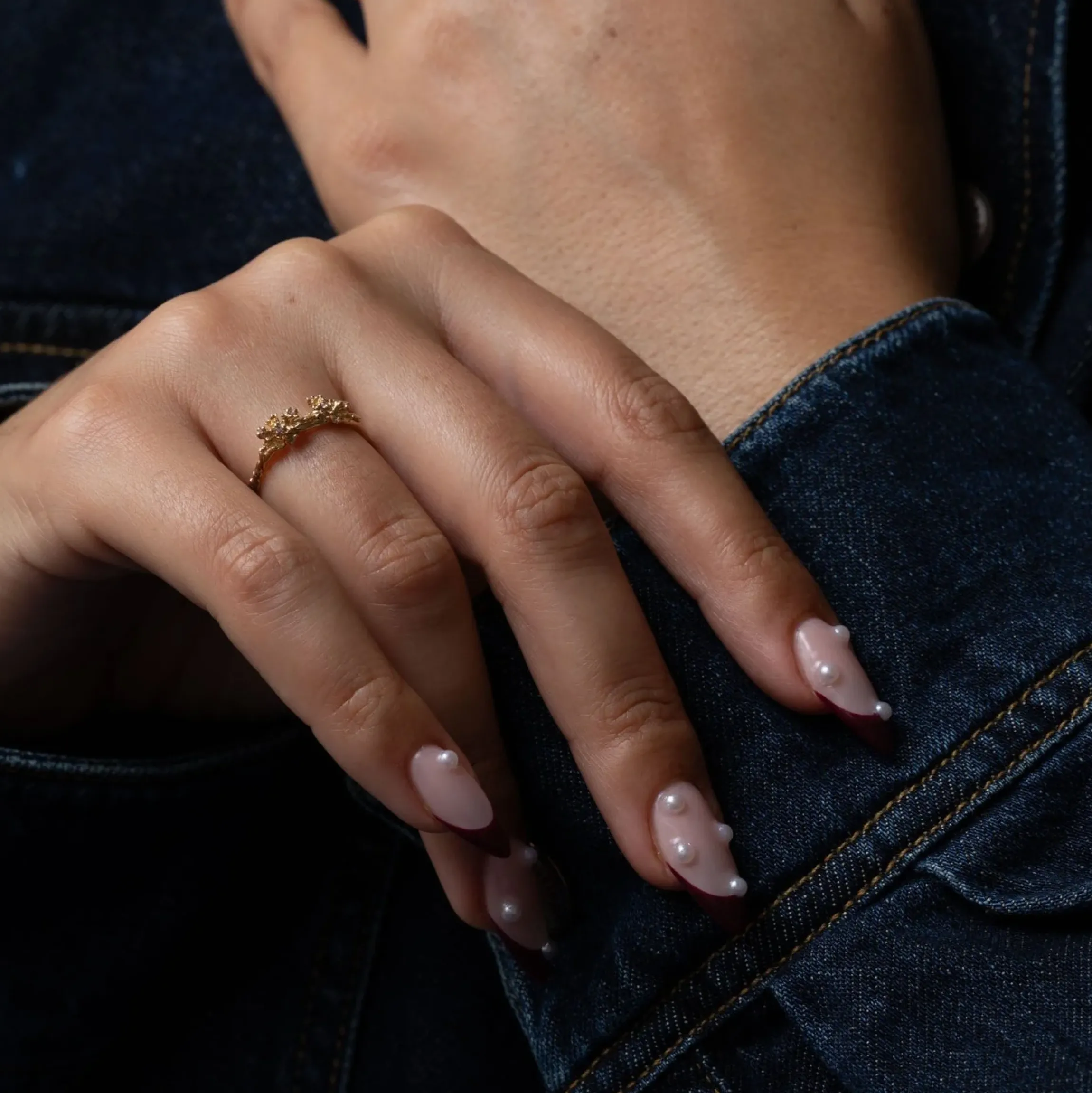 Cherry Blossom & Diamond Dewdrops on Sleeping Petal Garden Ring