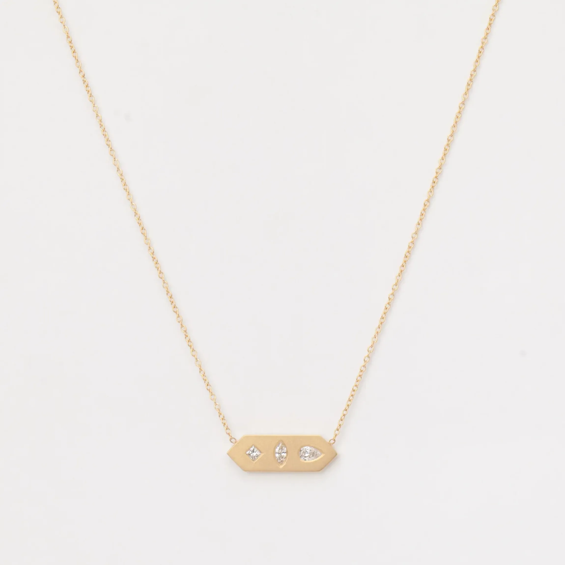 Diamond Mosaic Brushed Gold Horizontal Hexagon Tag Necklace