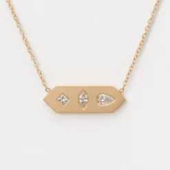 Diamond Mosaic Brushed Gold Horizontal Hexagon Tag Necklace