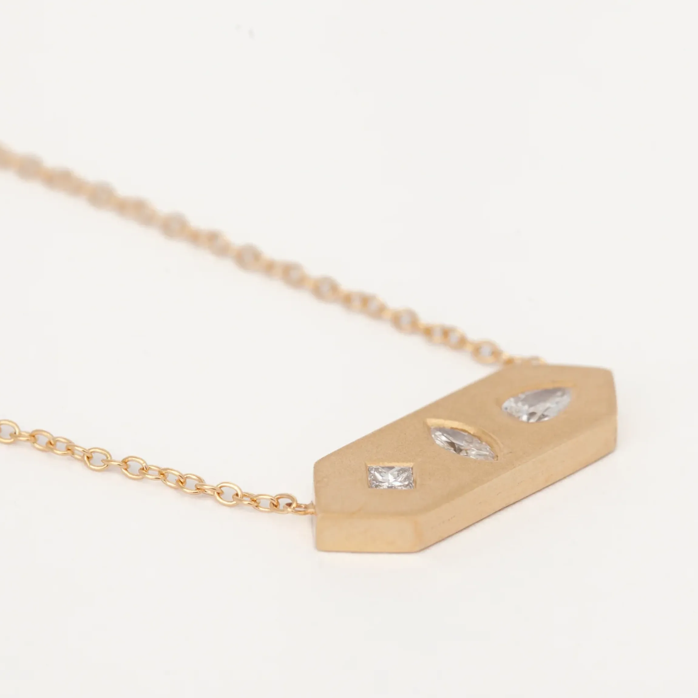 Diamond Mosaic Brushed Gold Horizontal Hexagon Tag Necklace