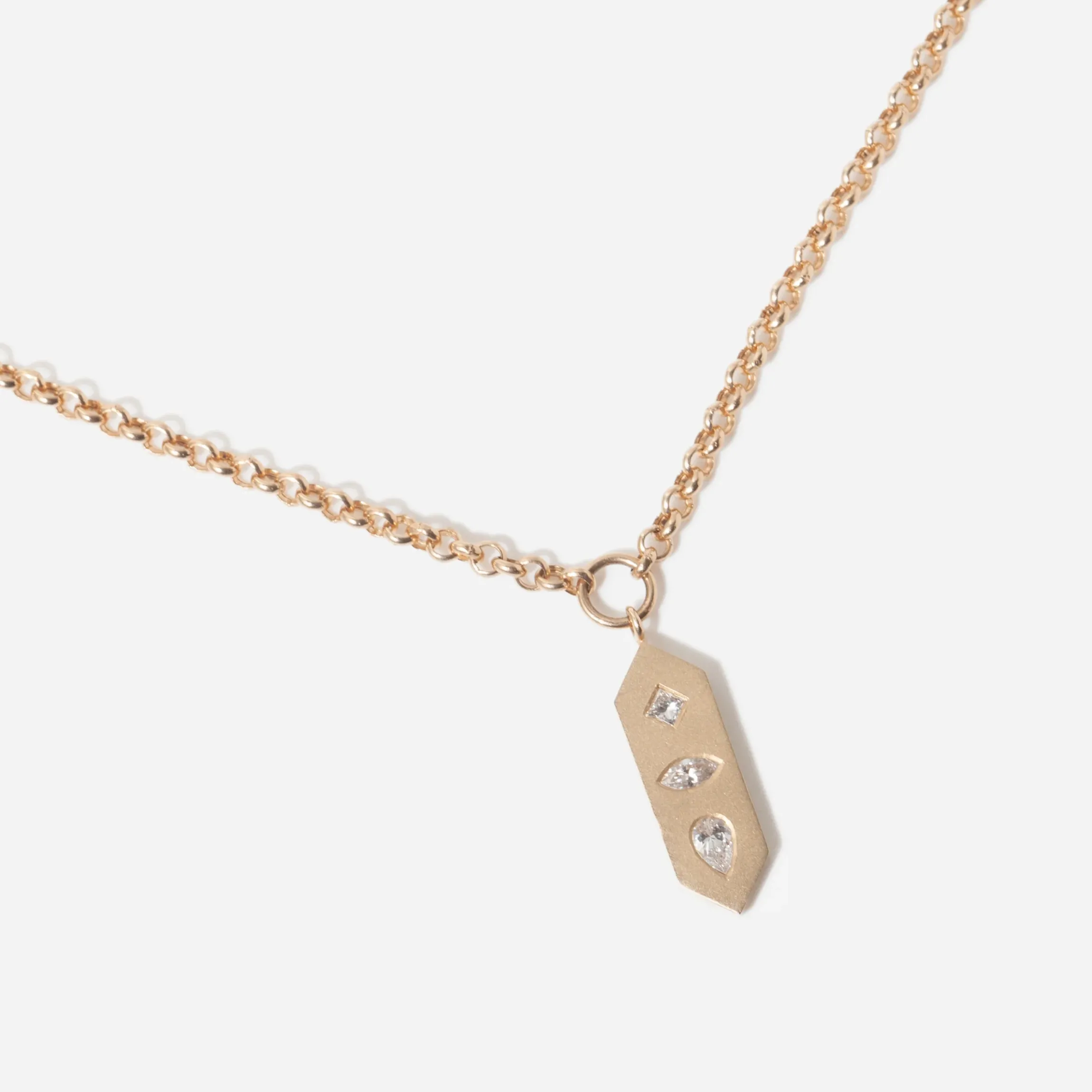 Diamond Mosaic Brushed Gold Vertical Hexagon Tag Rolo Chain Necklace