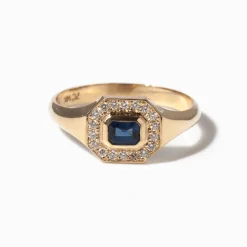 Horizontal Emerald Cut Halo Signet Ring