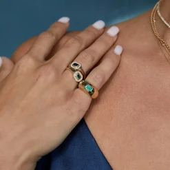 Horizontal Emerald Cut Halo Signet Ring