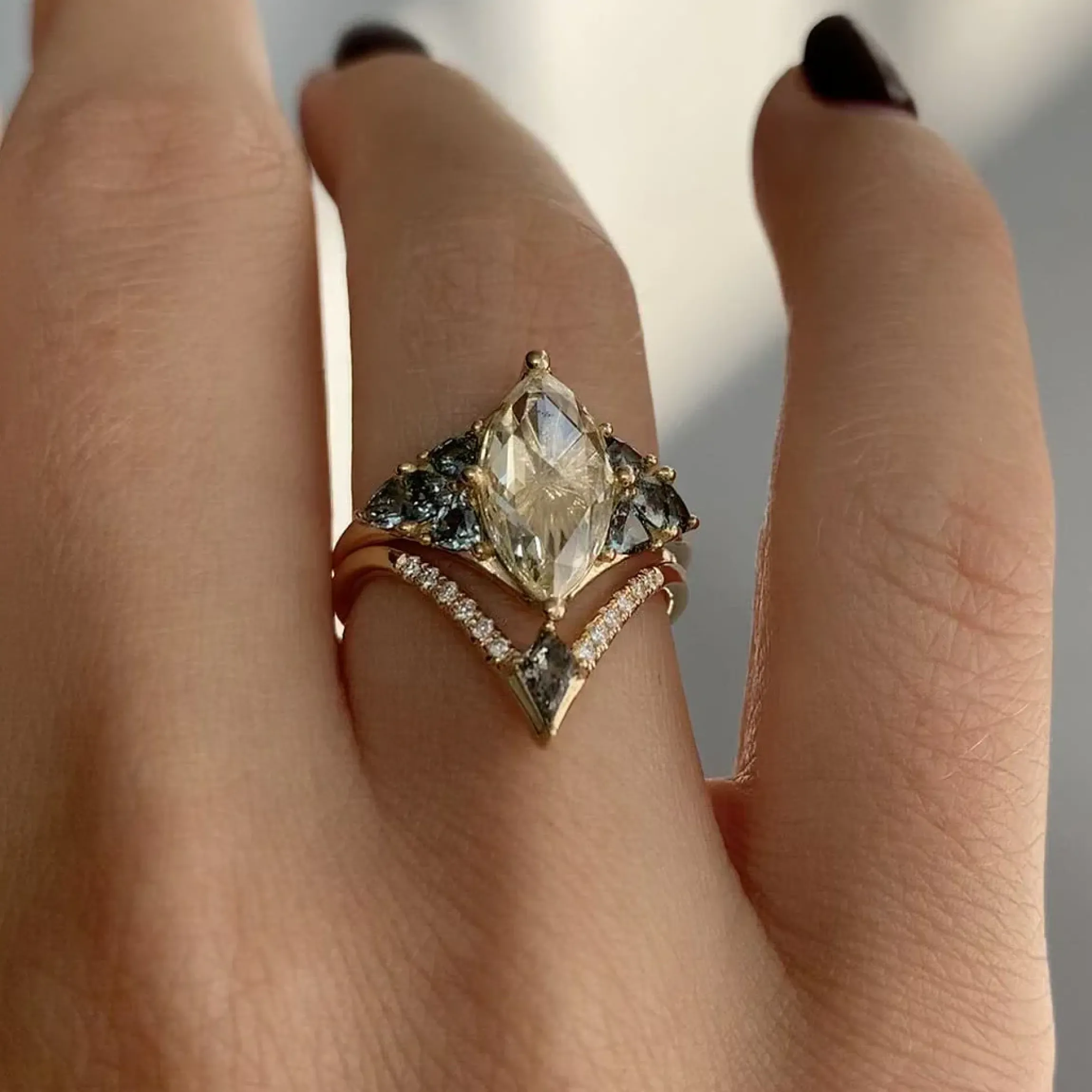 Nesting Kite Diamond Wedding Ring with a Pave Diamond Band