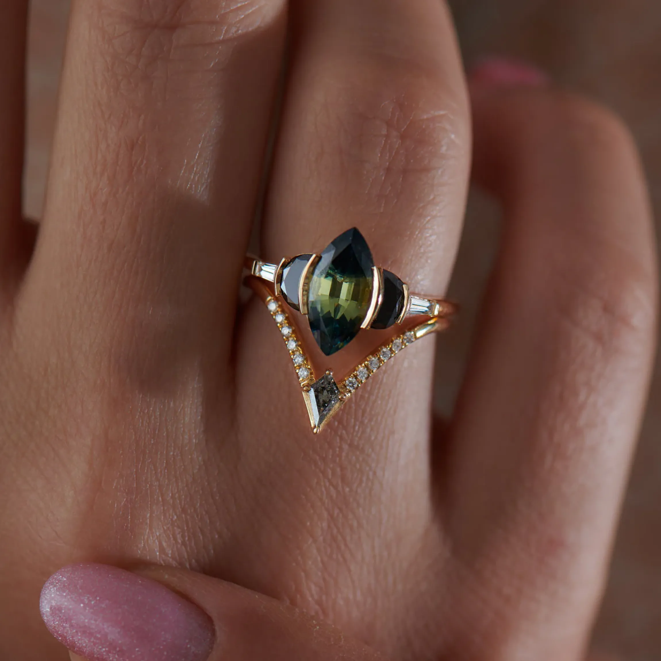 Nesting Kite Diamond Wedding Ring with a Pave Diamond Band