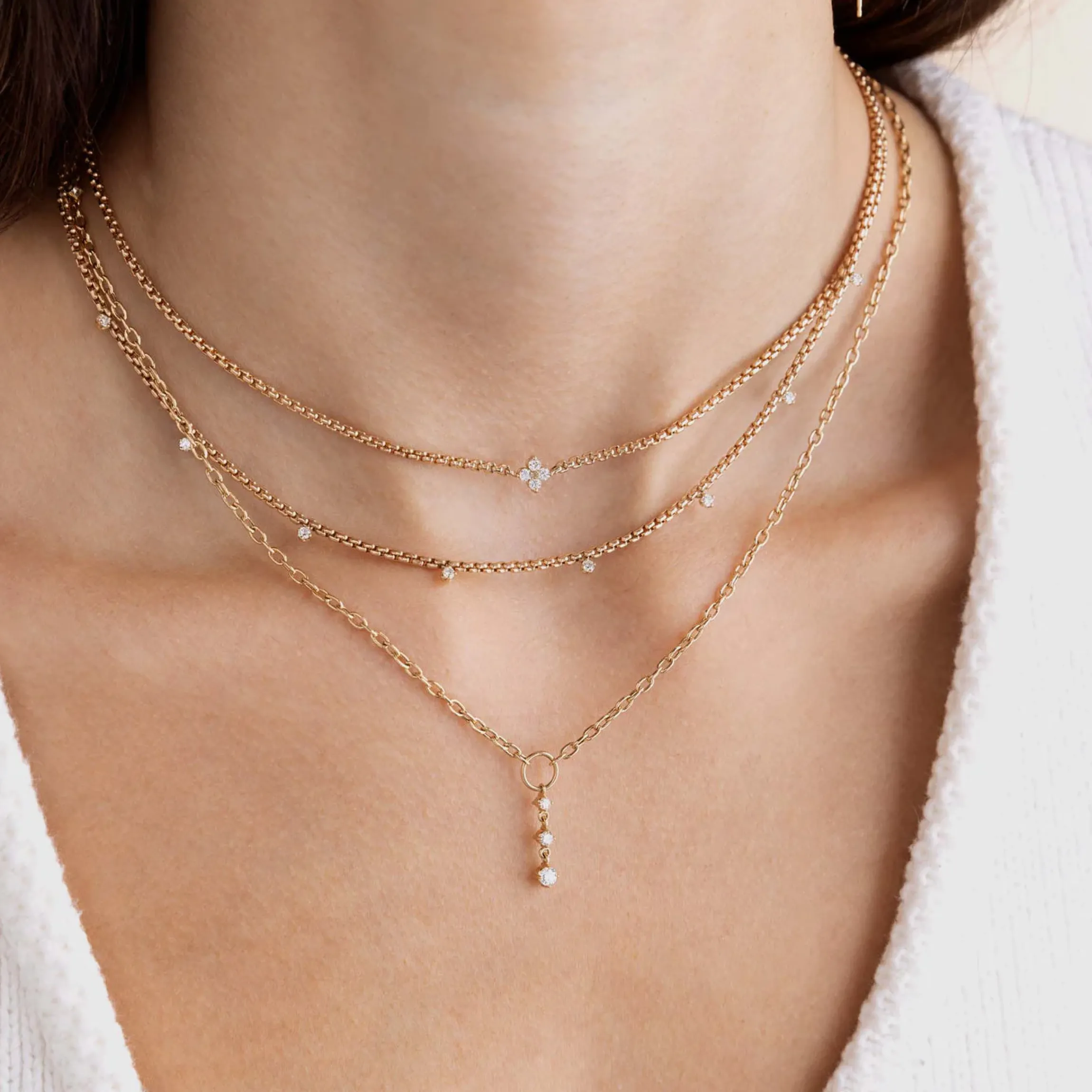 Nine Prong Diamond Small Box Chain Necklace