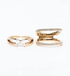 One-of-a-Kind Square Emerald Acute Centered Ring Pair