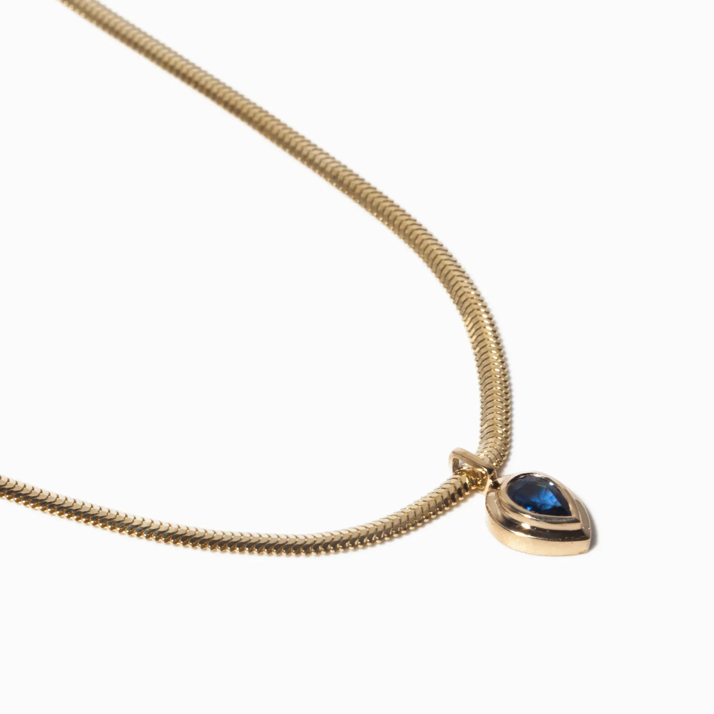 Pear Blue Sapphire Bezel Pendant Snake Chain Necklace