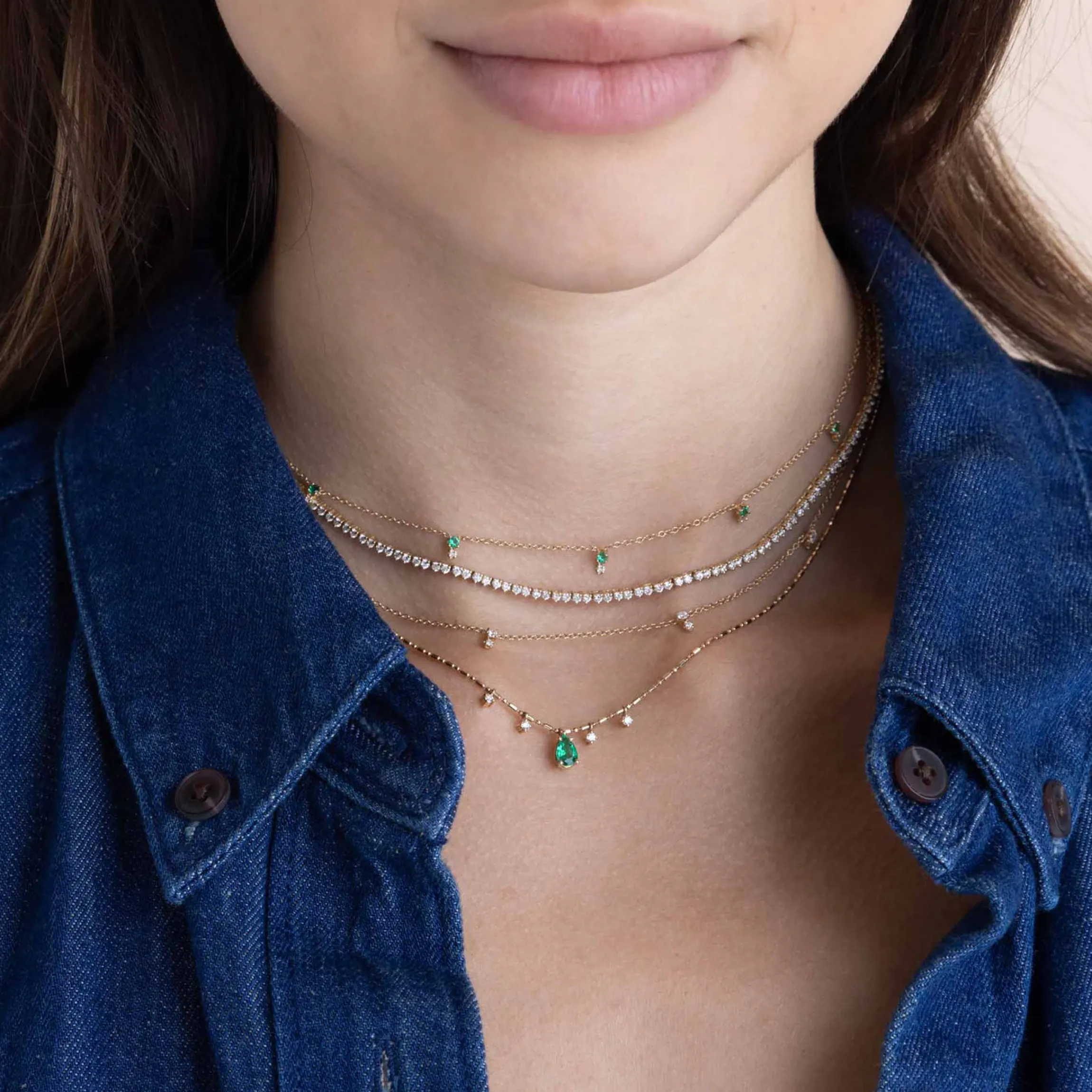 Pear Emerald Pendant & Dangling Diamonds Tube Bar Chain Necklace