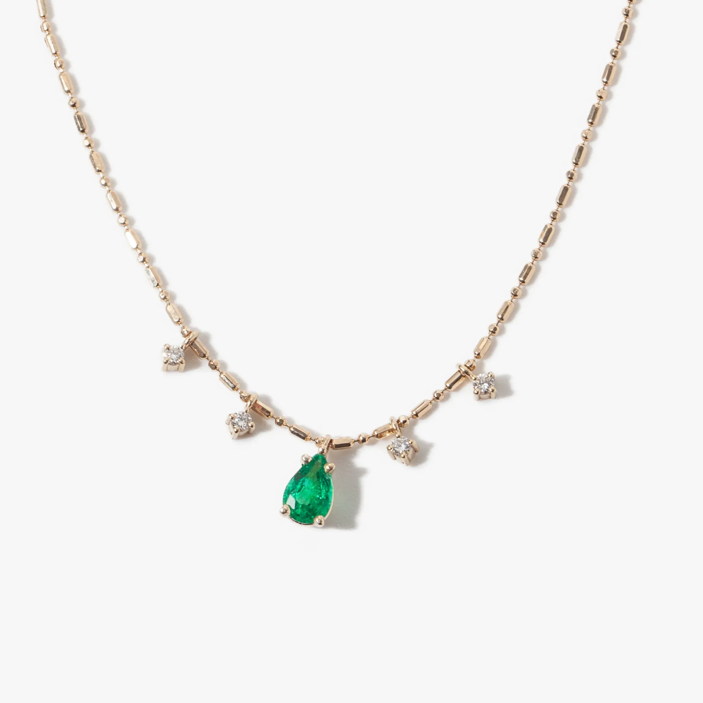 Pear Emerald Pendant & Dangling Diamonds Tube Bar Chain Necklace