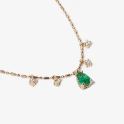 Pear Emerald Pendant & Dangling Diamonds Tube Bar Chain Necklace
