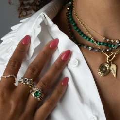 Retro Emerald Cabochon & Diamond Cluster Ring