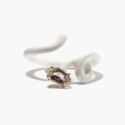 Rock Crystal Marquise & White Enamel Baby Vine Tendril Ring