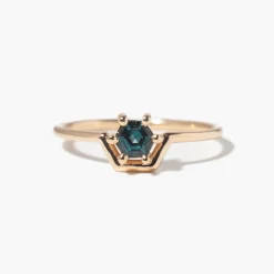 Small Hexagon Cut Teal Sapphire Nestled Ring