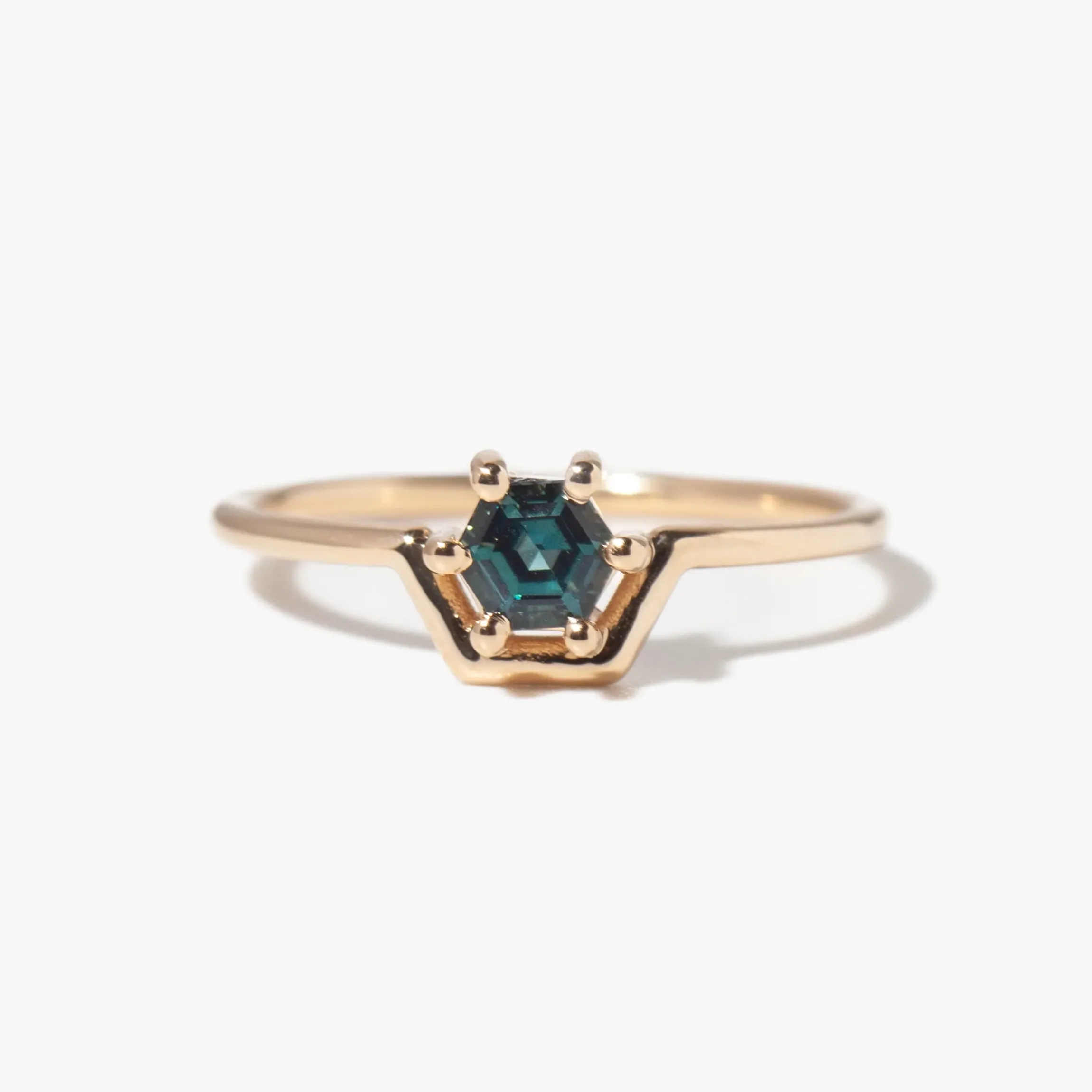 Small Hexagon Cut Teal Sapphire Nestled Ring