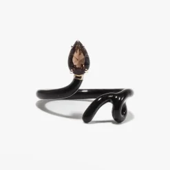 Smokey Quartz Pear & Black Enamel Baby Vine Tendril Ring