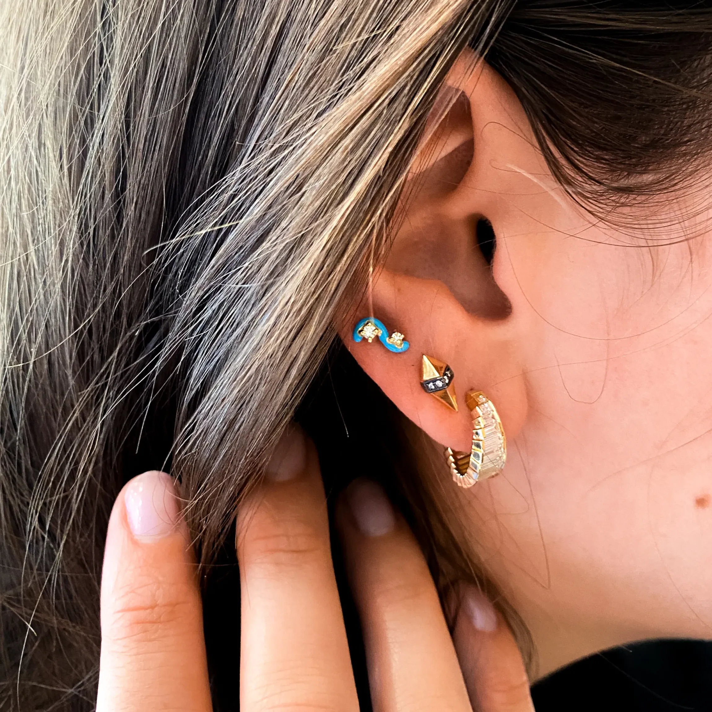 White Diamond & Capri Blue Enamel Mini Loop Earring